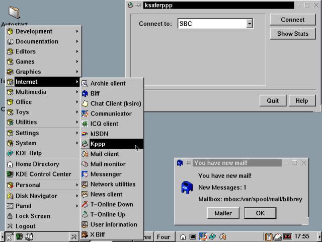 The Internet sub-menu and a pair of tools: Kppp and KBiff.