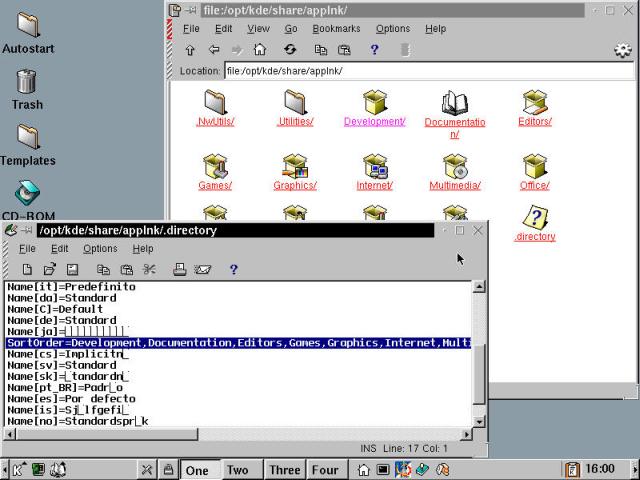 KFM showing the main KDE menu directory, Kedit open on the current <em>.directory</em> file.