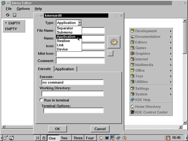 In Menu Edit: a kmenuedit dialog box, the new menu item specification tool.