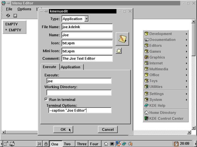 Creating a new menu item to start the Joe text editor, from Menu Editor.