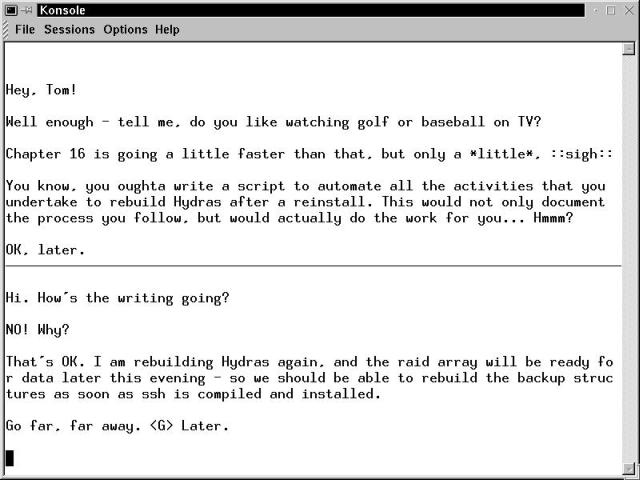 A slightly imaginary talk session as seen in a Konsole terminal window