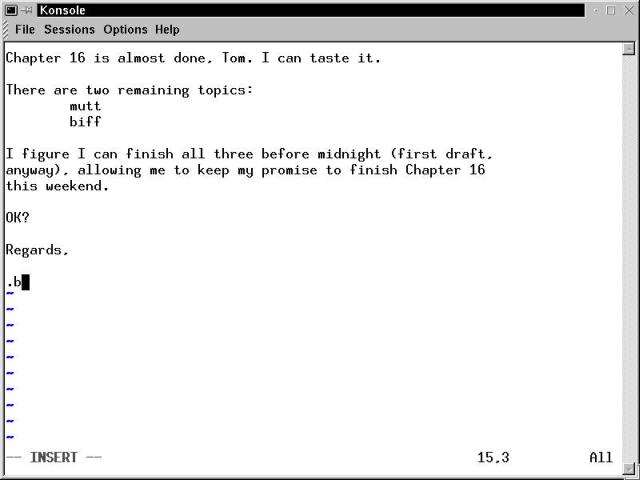 mail program running in visual mode to write a new email.
