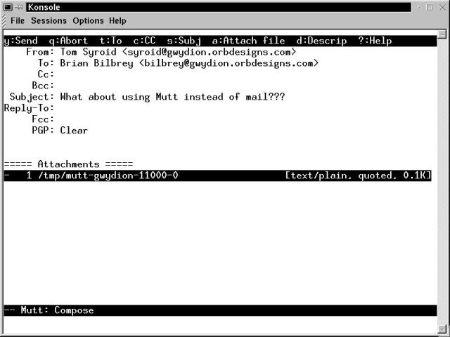The compose view of a message ready to send from mutt.