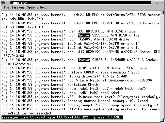 View of /var/log/messages after boot, showing drive to device mapping